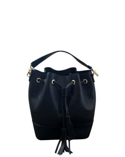 CASTELLO Black Structured Italian Leather Bucket Shoulder Handbag