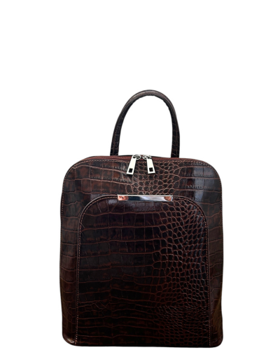 PORANO Dark Brown Croc-Embossed Leather Backpack – Chic and Versatile