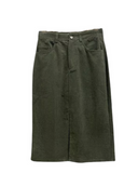 Midi 3/4 Length Straight Corduroy Skirt with Pockets and Front Slit, Olive Green