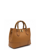 CESTELLO Small Tan Designer Style Leather Tote Bag With Bamboo Handles