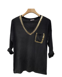 Black V Neck Long Sleeves Top Gold Details Made In Italy