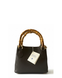 CESTELLO Small Dark Brown Bamboo Handles Italian Leather Tote Handbag