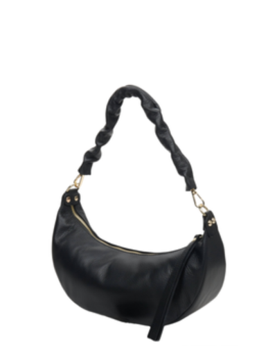 GABELLA Black Italian Leather Moon Shape Ruched Handle Shoulder Handbag, Black