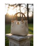CESTELLO Small Cream Bamboo Handles Italian Leather Tote Handbag