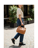 CESTELLO Small Tan Designer Style Leather Tote Bag With Bamboo Handles