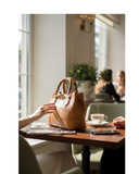 CESTELLO Small Tan Designer Style Leather Tote Bag With Bamboo Handles