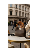 CESTELLO Small Dark Brown Bamboo Handles Italian Leather Tote Handbag