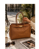 SERRONE Tan Brown Italian Leather Ostrich Textured Shoulder Handbag