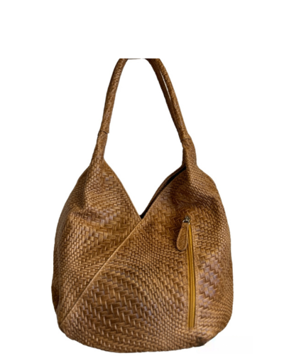 VESCOVADO Made in Italy Woven Leather Hobo Style Shoulder Bag, Tan