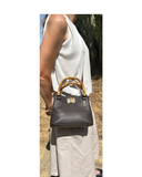 CESTELLO Small Dark Brown Bamboo Handles Italian Leather Tote Handbag