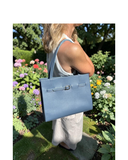 LITERNO Denim Blue Italian Leather Structured Shoulder Tote Bag