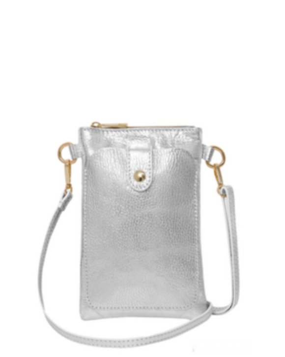 Made In Italy Leather Crossbody Handbag Phone Holder with Front Compartment, Metallic Silver