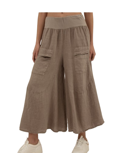 Taupe Linen Palazzo Trousers Front Pockets