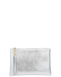 SEANO LARGE Metallic Silver Italian Leather Clutch Shoulder Crossbody Handbag