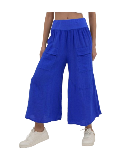 Royal Blue Linen Palazzo Trousers Front Pockets