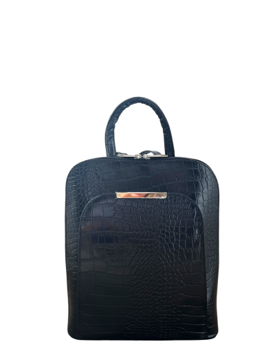 PORANO Black Croc-Embossed Leather Backpack – Chic and Versatile