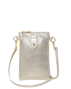 Made In Italy Leather Crossbody Handbag Phone Holder with Front Compartment, Metallic Gold