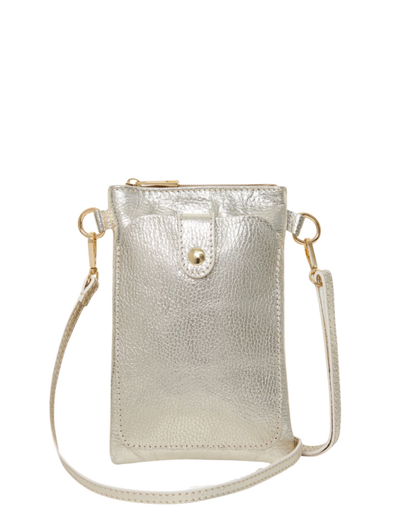 Made In Italy Leather Crossbody Handbag Phone Holder with Front Compartment, Metallic Gold