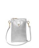 Made In Italy Leather Crossbody Handbag Phone Holder with Front Compartment, Metallic Silver