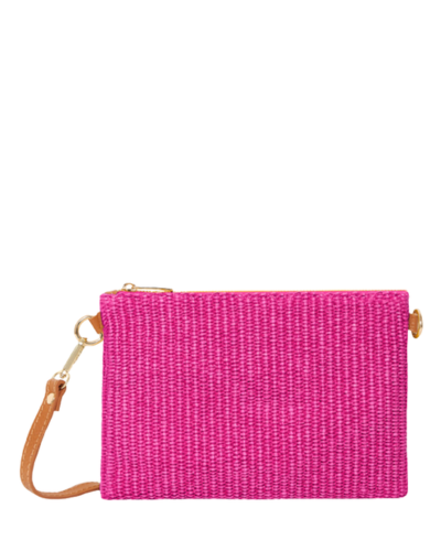 Farfa Leather Raffia Clutch Crossbody Shoulder Bag Made In Italy, Fuchsia