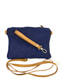 Farfa Leather Raffia Clutch Crossbody Shoulder Bag Made In Italy, Dark Blue