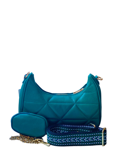 SORA Teal Quilted Italian Leather Small Hobo Shoulder Bag, Teal